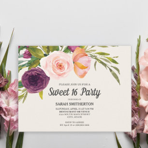 Cartão Postal Tonalidade Roxa Rosa Floral em Aquarela Marfim Doc