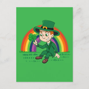 Cartão Postal Toon leprechaun bonito com shamrock e arco-íris