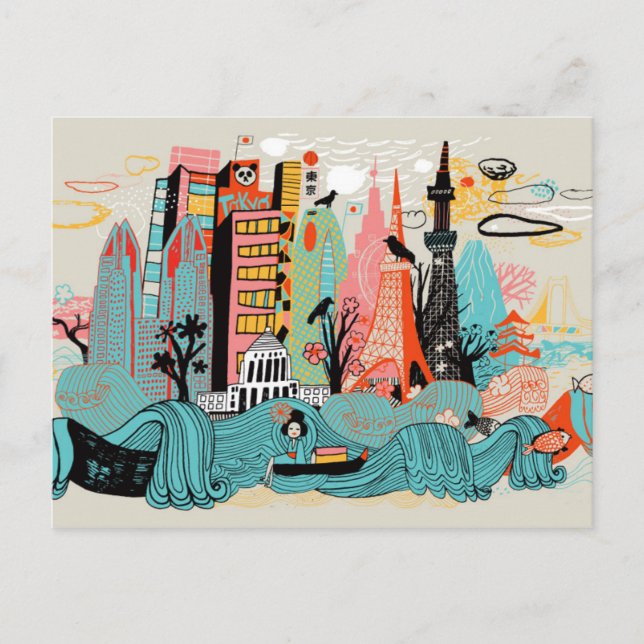 Cartão Postal Tóquio desenhado à mão Japão (Frente)