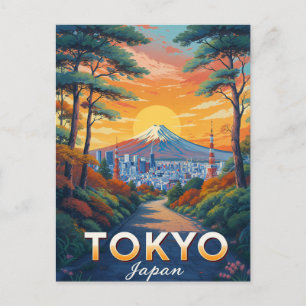 Cartão Postal Tóquio Japão Mt Fuji Pôr do Sol Arte Vintage