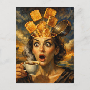 Cartão Postal Torrada de Café da Manhã Surreal Surpresa Mulher