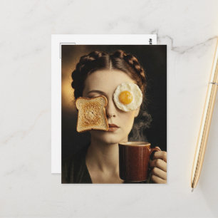 Cartão Postal Torrada de Café da Manhã Surrealista Mulher com Ov