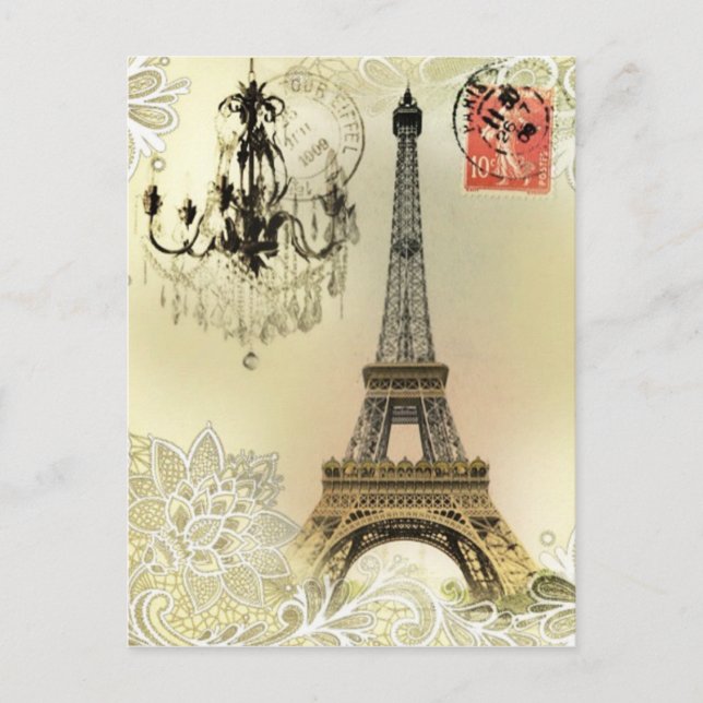 Cartão Postal torre beige floral lace chandelier paris eiffel (Frente)