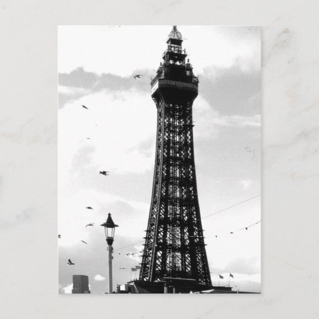Cartão Postal Torre Blackpool e posto de lâmpadas B/W (Frente)