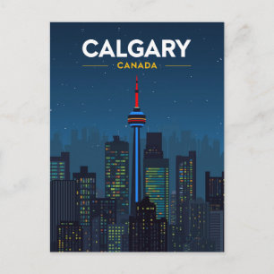 Cartão Postal Torre de Calgary Silhueta Urbana Noite Retro