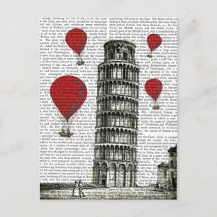 Cartão Postal Torre de Pisa e Balões de Ar Quente Vermelho