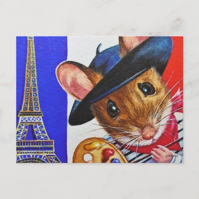 Cartão Postal Torre Eiffel Arte Aquarela Rato Artista França (Frente)
