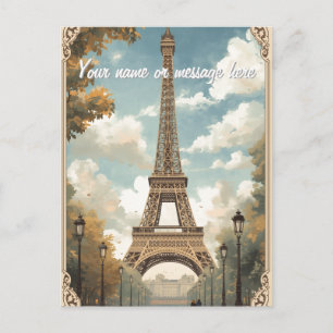 Cartão Postal Torre Eiffel Arte de Nome de Viagem Retro Vintage 