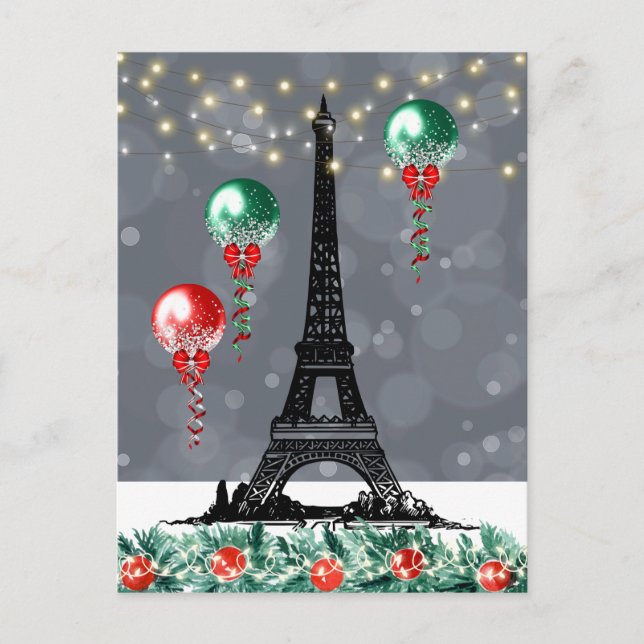 Cartão Postal Torre Eiffel de inverno, Balões de Natal à noite (Frente)