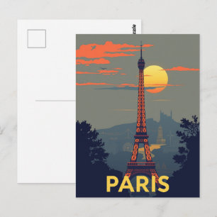 Cartão Postal Torre Eiffel de Paris ao Pôr do Sol Viagem Vintage