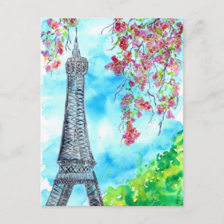 Cartão Postal Torre Eiffel em Primavera Watercolor