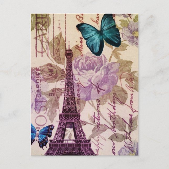 Cartão Postal torre Eiffel floral chique de Paris da borboleta (Frente)