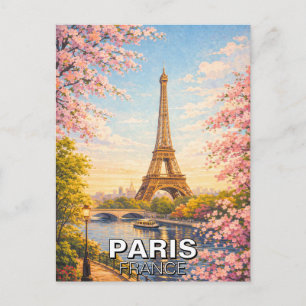 Cartão Postal Torre Eiffel Paris França Flores de Cerejeira Vint