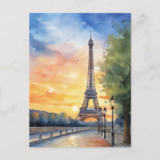 Cartão Postal Torre Eiffel Paris França Pôr do Sol Aquarela Viag
