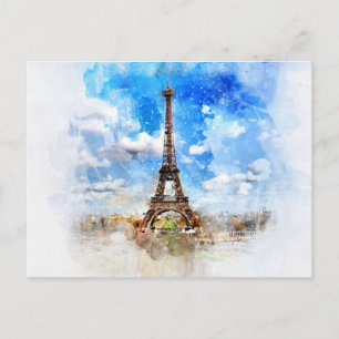Cartão Postal Torre Eiffel Paris França Postcard Aquarela