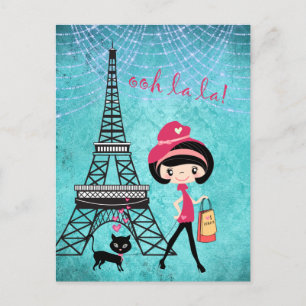 Cartão Postal Torre Eiffel Paris Girl and Cat Blue Damask