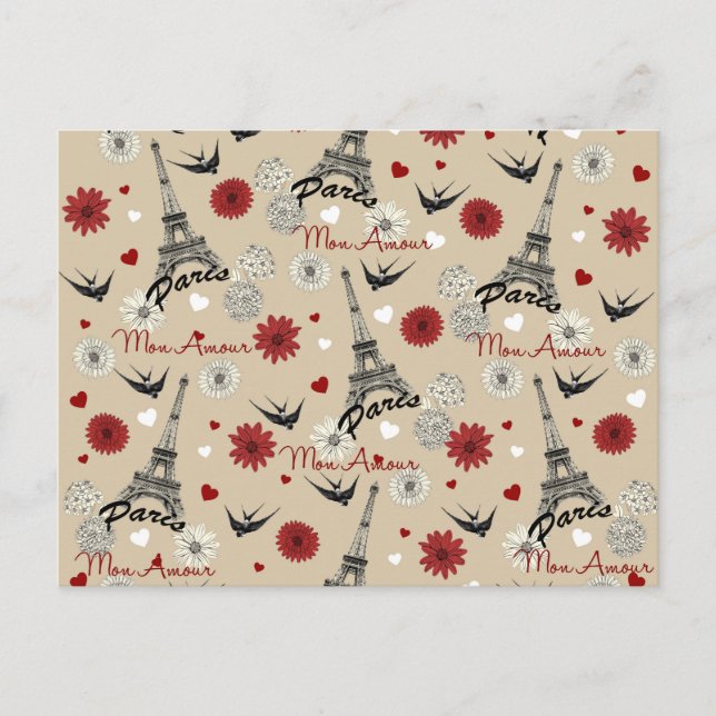 Cartão Postal Torre Eiffel romântica, corações, flores (Frente)