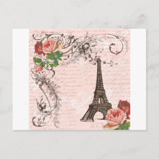 Cartão Postal Torre Eiffel Rosa e Rosa Vermelha
