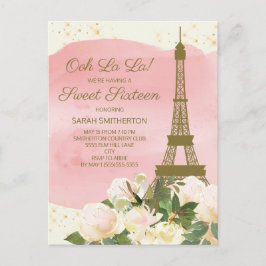 Cartão Postal Torre Eiffel Rosa Elegante em Ouro Paris Sweet 16