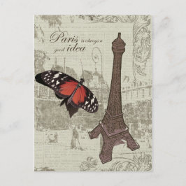 Cartão Postal Torre Eiffel, rua Paris e borboleta
