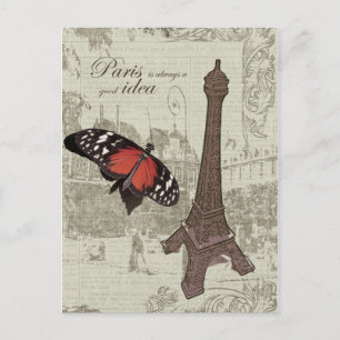 Cartão Postal Torre Eiffel, rua Paris e borboleta
