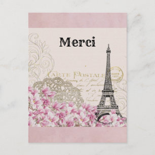 Cartão Postal Torre Eiffel Vintage Paris França Obrigado
