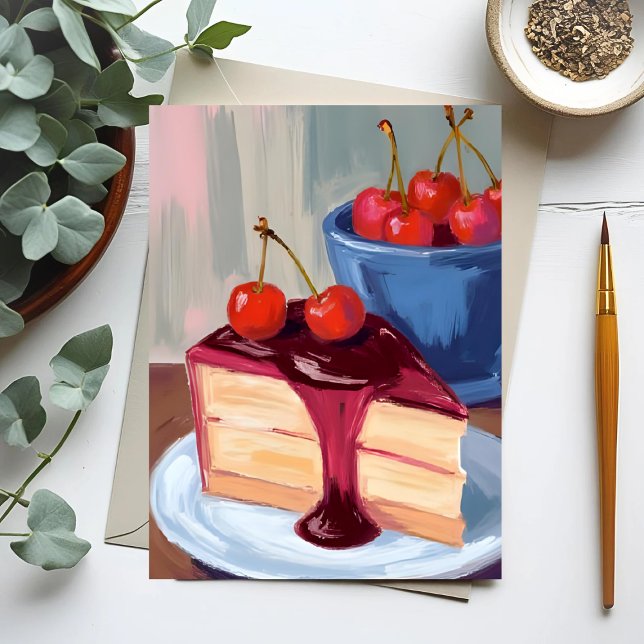 Cartão Postal Torta de Cereja | Pintura de Comida de Padaria (Criador carregado)
