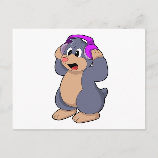 Cartão Postal Toupeira na Música com Fone de Ouvido (Frente)