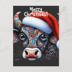Cartão Postal Touro de Natal com Chapéu de Papai Noel Arte Popul