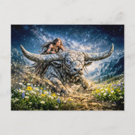 Cartão Postal Touro Zodíaco Montando uma Criatura Mística Hornud