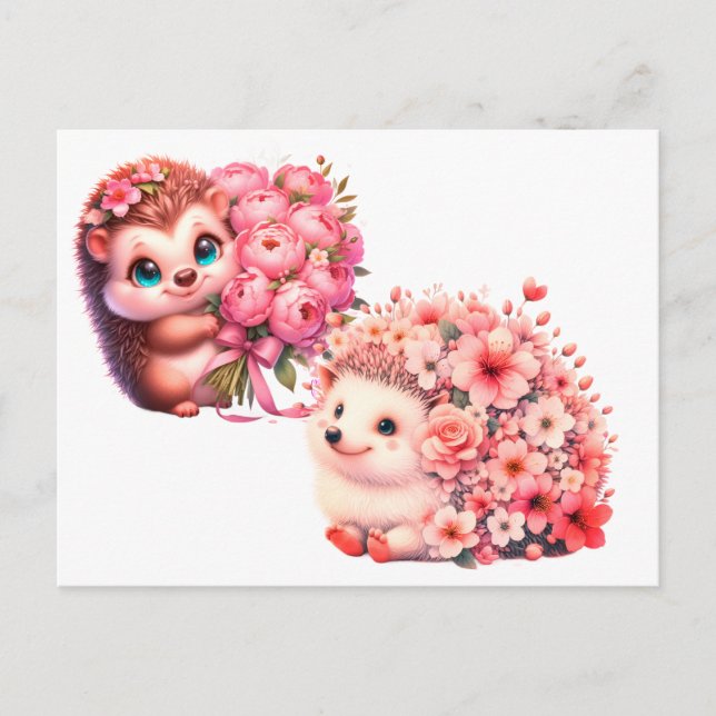Cartão Postal  Tow cuteRomantic Floral Hedgehog Duo Illustration (Frente)