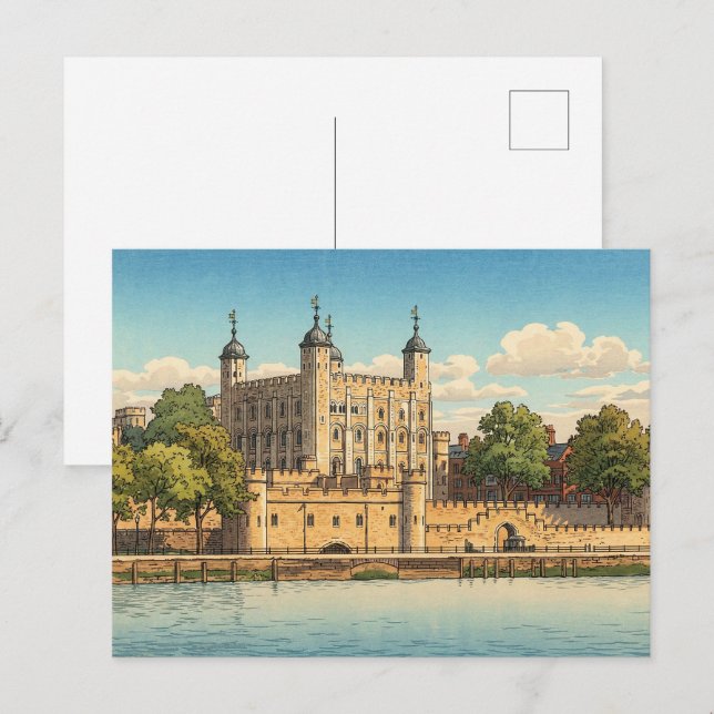 Cartão Postal Tower of London Japanese Woodblock Print (Frente/Verso)