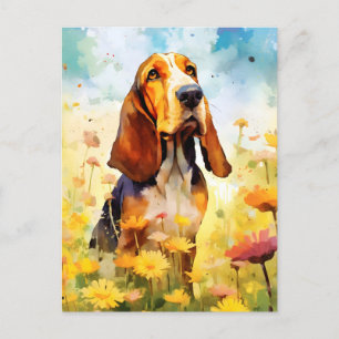 Cartão Postal Trabalho de arte de cor d'água colorida do basset 