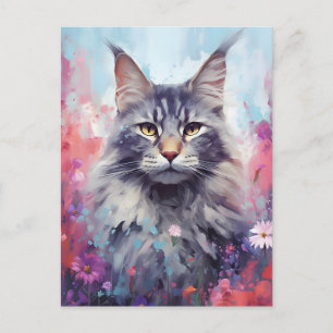 Cartão Postal Trabalho de arte de cor d'água colorida Maine Coon