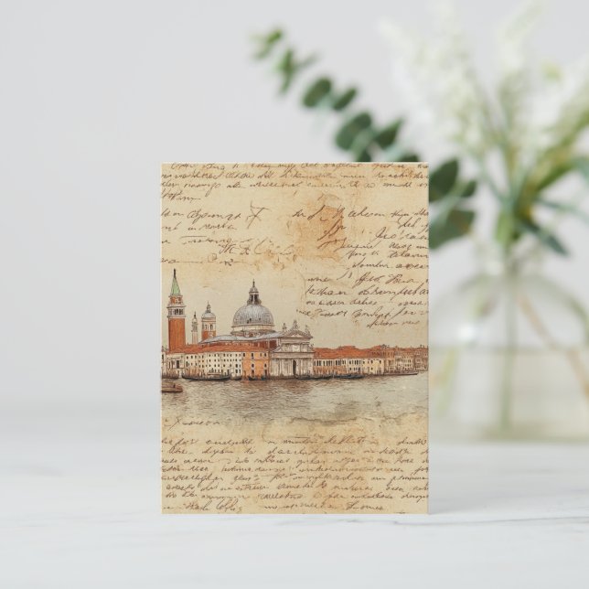 Cartão Postal Trabalho de arte de Veneza Romântica com Script (Em pé/Frente)