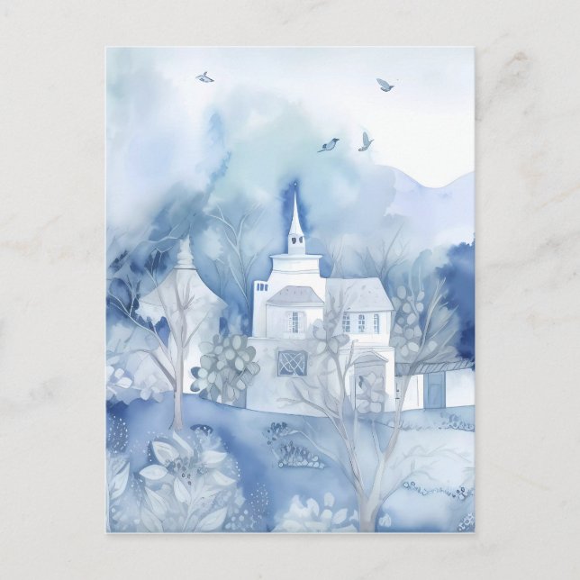 Cartão Postal Tranquil Blue Village – Boho Landscape (Frente)