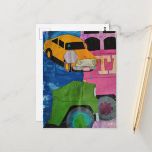 Cartão Postal Transporte cores brilhantes colagem de mídia mista
