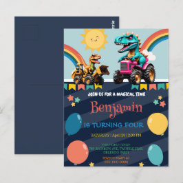 Cartão Postal Trator de dinossauro bonito Balão do arco-íris Bir