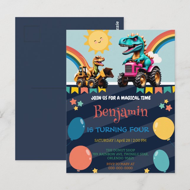 Cartão Postal Trator de dinossauro bonito Balão do arco-íris Bir (Frente/Verso)