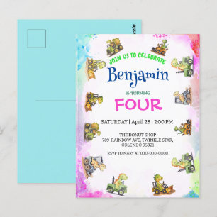 Cartão Postal Trator de dinossauro fofo Arco-íris B2S Escola Ani