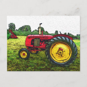Cartão Postal Trator de Fazenda Vermelho e Amarelo