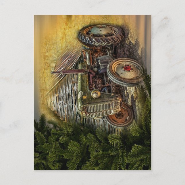 Cartão Postal Trator Verde Antigo Celeiro Rústico (Frente)