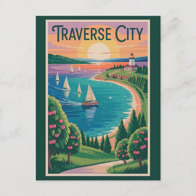Cartão Postal Traverse City Lake Michigan Illustration Viagem (Frente)