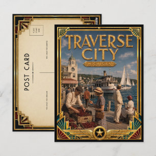 Cartão Postal Traverse City Michigan Arte Vintage Art Deco Idade