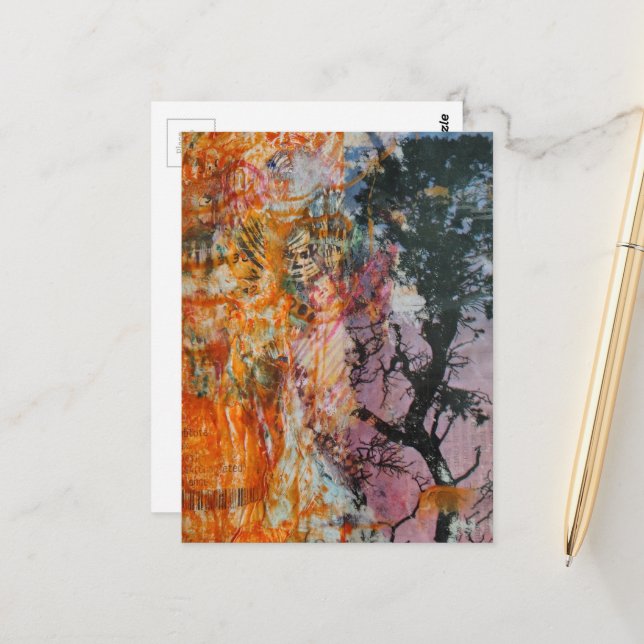 Cartão Postal Tree Mixed Media Collage Pink Orange Blue Black (Frente/Verso In Situ)