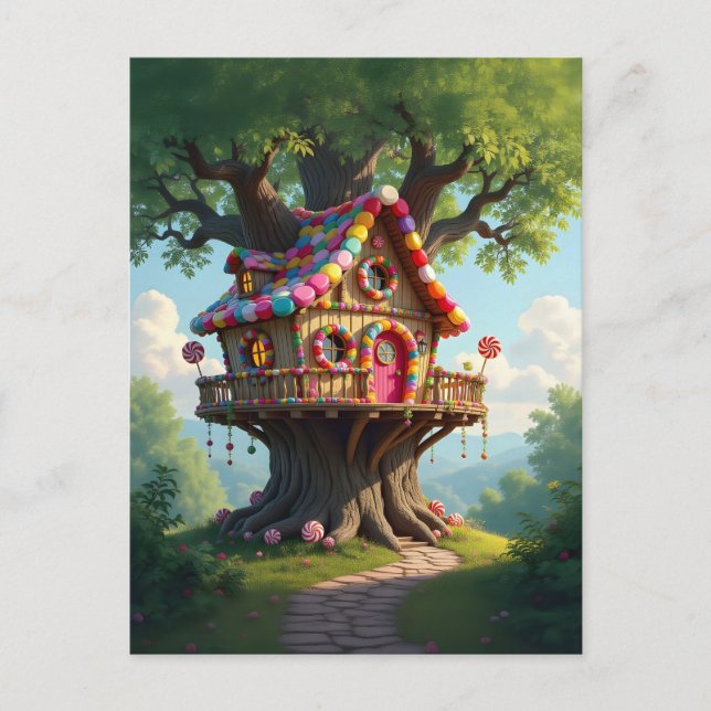 Cartão Postal Treehouse Whimsical Com Canais Coloridos (Frente)