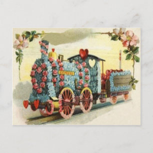 Cartão Postal Trem Coração Rosa Flor de Não-Me-Esqueças