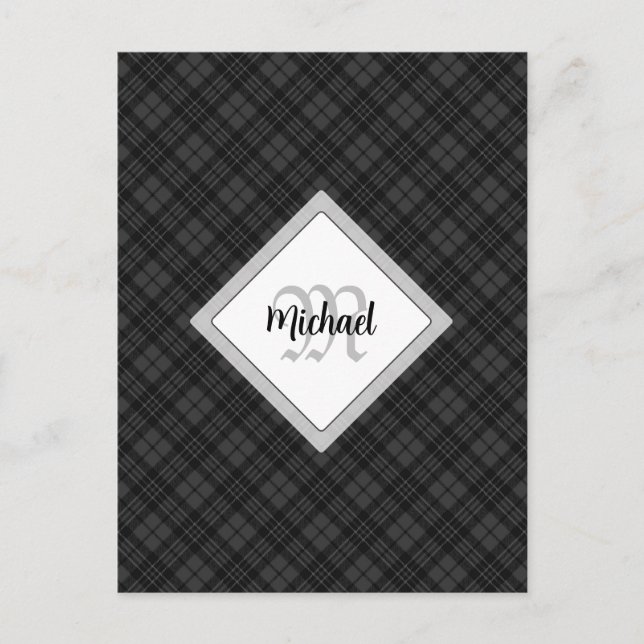 Cartão Postal Trendy Black White Tartan Personalize Monograma (Frente)