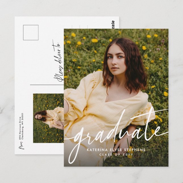 Cartão Postal Trendy modern graduate simple two photo graduation (Frente/Verso)