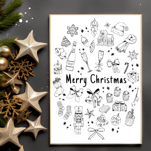 Cartão Postal Trendy Modern Hand Drawn Budget Black & White Xmas